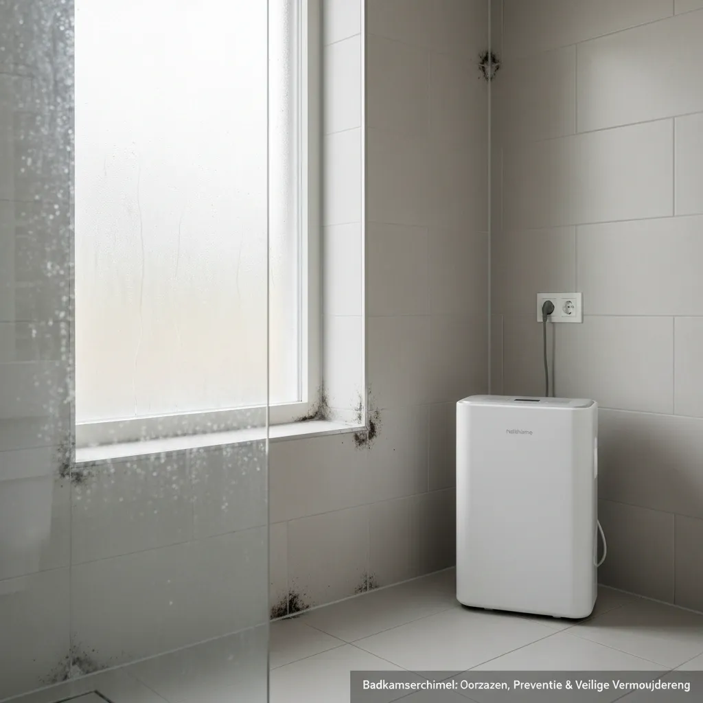 Badkamer met kleine schimmelplekken en een luchtontvochtiger voor preventie.