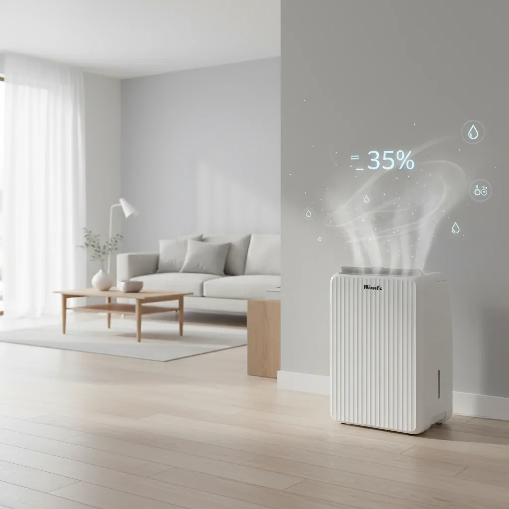 Infographic over luchtvochtigheid, condens en luchtontvochtiger in huis