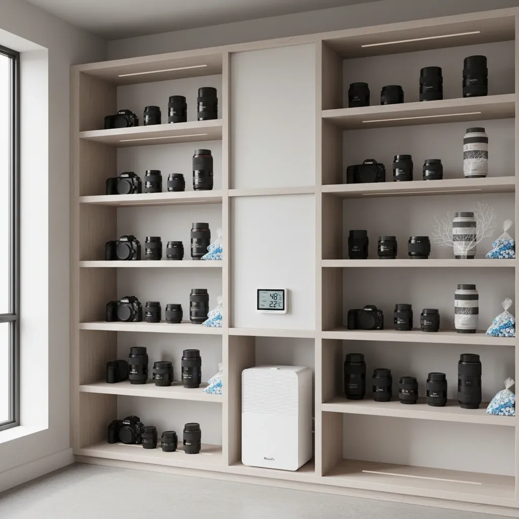 Cameralenzen worden droog opgeslagen met een ontvochtiger om schimmelvorming te voorkomen