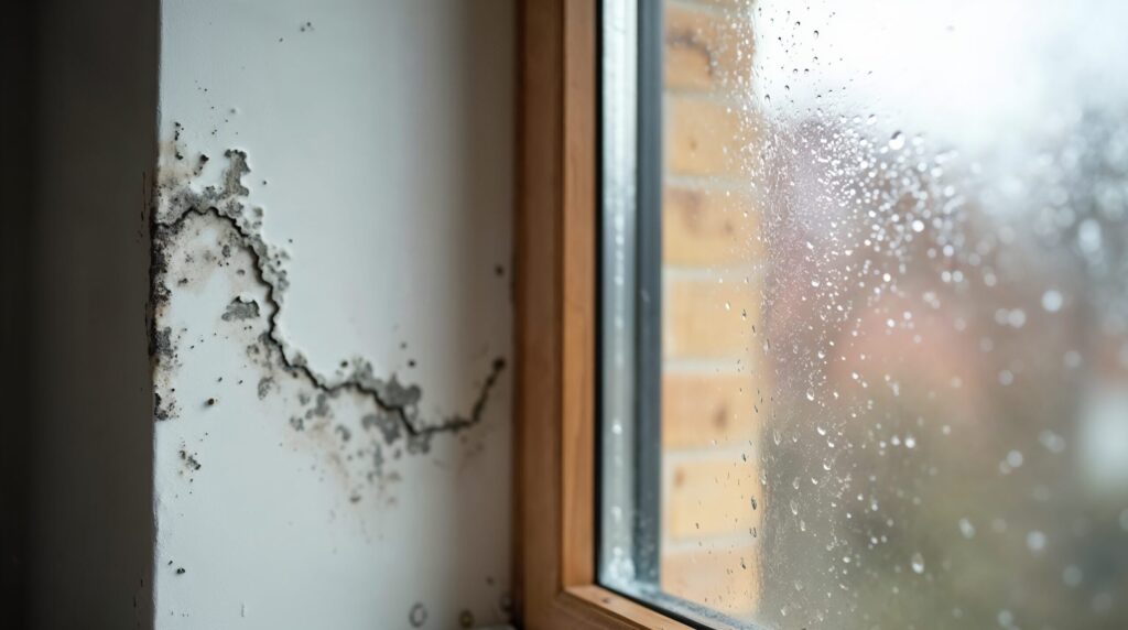 Schimmelplekken op een witte muur naast een raam met condensdruppels