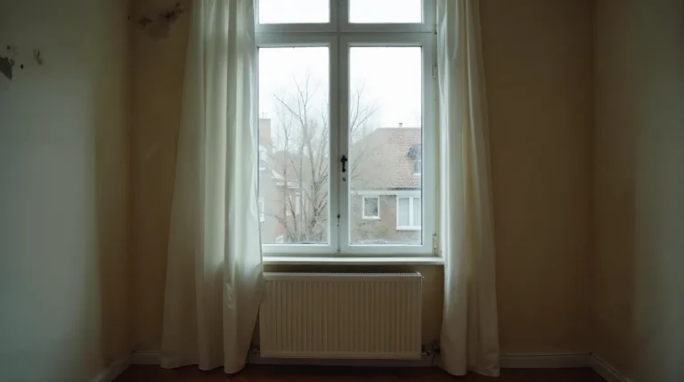 Hoekje van een Nederlandse sociale huurwoning met schimmelvlekken op de muur naast het raam en uitzicht op naburige rijtjeshuizen