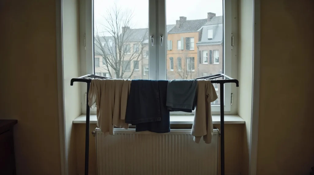 Was die binnen droogt op een wasrek voor een Nederlands raam met condens, met zicht op rijtjeshuizen op een grijze winterdag